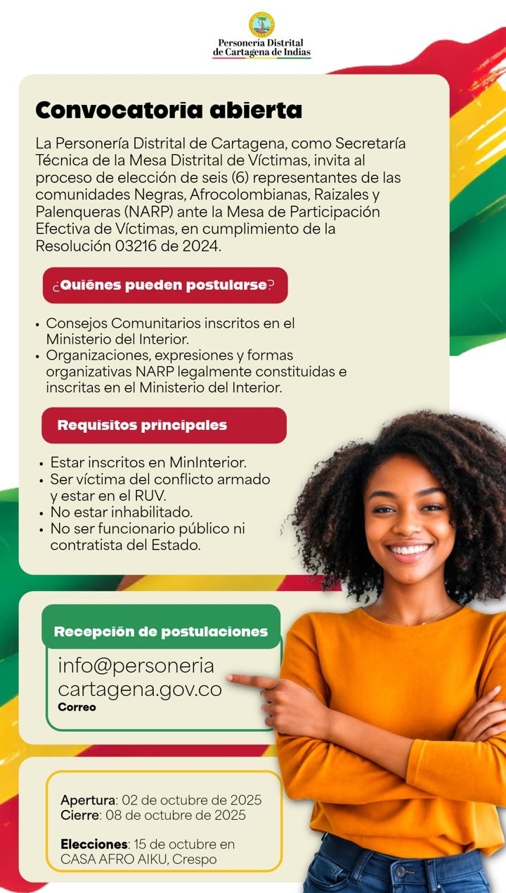 Personería Distrital de Cartagena invita a comunidades NARP a participar en elección de representantes ante la Mesa de Víctimas  